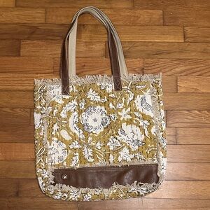 Myra Floral Patterned Tote Bag with Brown Accents